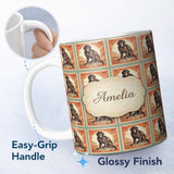 Personalized Custom Name Vintage Monkey Postage Stamp Illustration Seamless Pattern Name Cute 11oz Ceramic Coffee Tea Mug White Large Handle