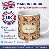Personalized Custom Name Vintage Monkey Postage Stamp Illustration Seamless Pattern Name Cute 11oz Ceramic Coffee Tea Mug White Large Handle