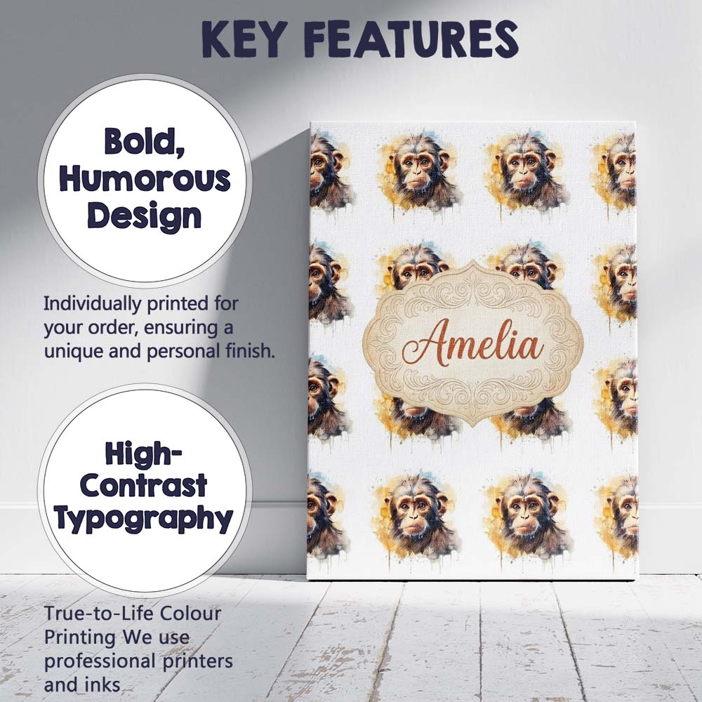 Personalised Name Watercolor Baby Monkey Custom  Unique Gift Idea Elegant Feature Canvas Wall Art Print Decor Picture Ready to Hang