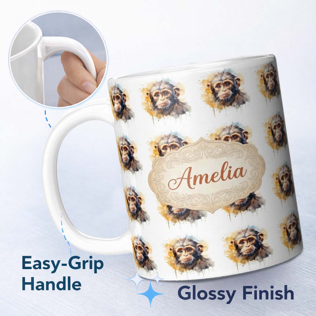 Personalized Custom Name Watercolor Baby Monkey Cute Animal Splash Seamless Pattern Name 11oz Ceramic Coffee Tea Mug White Large Handle