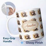 Personalized Custom Name Watercolor Baby Monkey Cute Animal Splash Seamless Pattern Name 11oz Ceramic Coffee Tea Mug White Large Handle