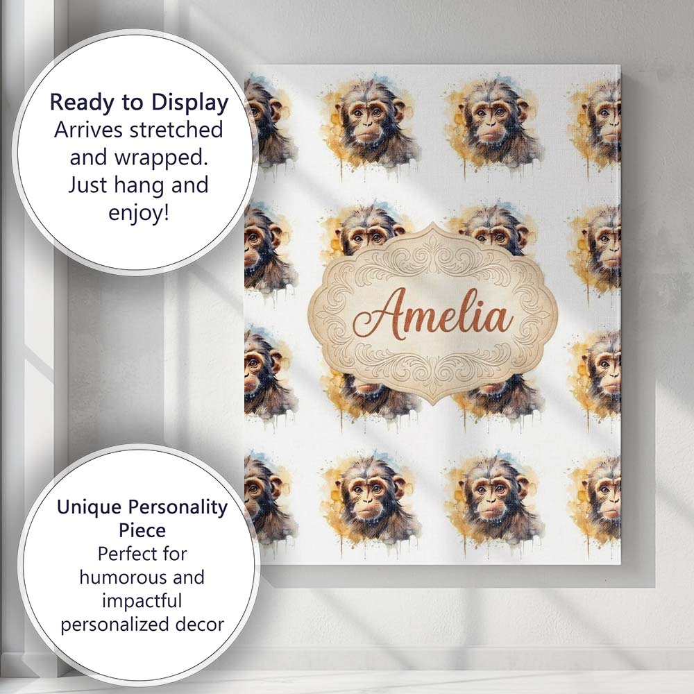 Personalised Name Watercolor Baby Monkey Custom  Unique Gift Idea Elegant Feature Canvas Wall Art Print Decor Picture Ready to Hang