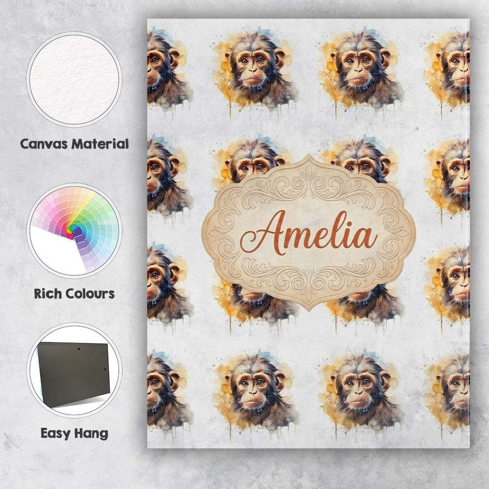Personalised Name Watercolor Baby Monkey Custom  Unique Gift Idea Elegant Feature Canvas Wall Art Print Decor Picture Ready to Hang