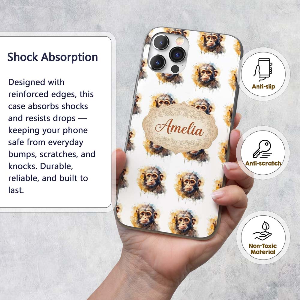 Watercolor Baby Monkey Cute Animal Printed Design Custom Name Protective Phone Case Mobile Cover Durable Everyday Smartphone Shock Resistant