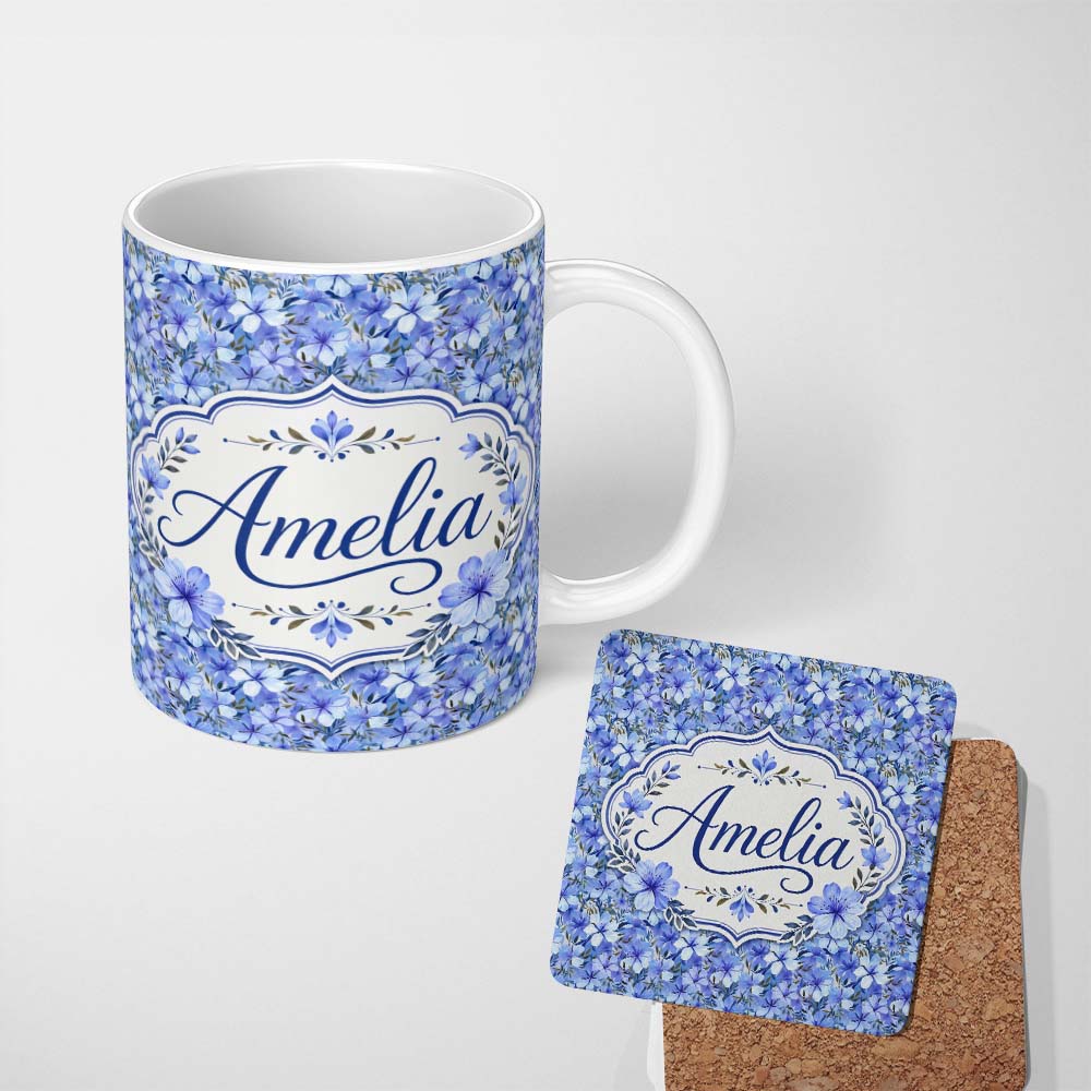 Personalized Custom Name Blue Floral Blossom Botanical Garden Seamless Pattern Name Cute 11oz Ceramic Coffee Tea Mug White Large Handle