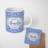 Personalized Custom Name Blue Floral Blossom Botanical Garden Seamless Pattern Name Cute 11oz Ceramic Coffee Tea Mug White Large Handle