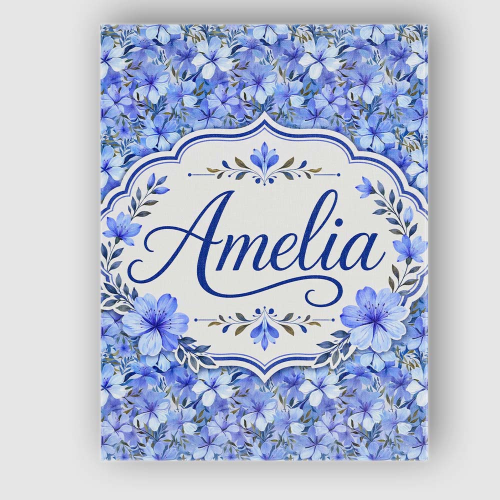 Personalised Name Blue Floral Blossom Custom Modern Room Accent Creative Decorator Style Canvas Wall Art Print Decor Picture Ready to Hang