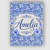 Personalised Name Blue Floral Blossom Custom Modern Room Accent Creative Decorator Style Canvas Wall Art Print Decor Picture Ready to Hang