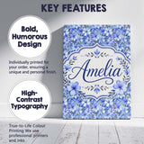 Personalised Name Blue Floral Blossom Custom Modern Room Accent Creative Decorator Style Canvas Wall Art Print Decor Picture Ready to Hang