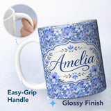 Personalized Custom Name Blue Floral Blossom Botanical Garden Seamless Pattern Name Cute 11oz Ceramic Coffee Tea Mug White Large Handle
