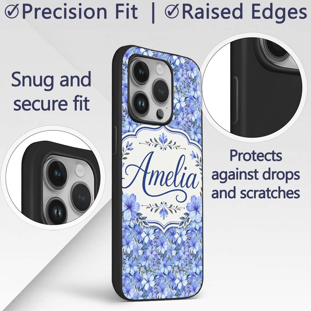 Blue Floral Blossom Botanical Garden Seamless Custom Name Protective Phone Case Mobile Cover Durable Everyday Smartphone Shock Resistant