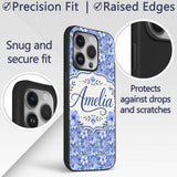 Blue Floral Blossom Botanical Garden Seamless Custom Name Protective Phone Case Mobile Cover Durable Everyday Smartphone Shock Resistant