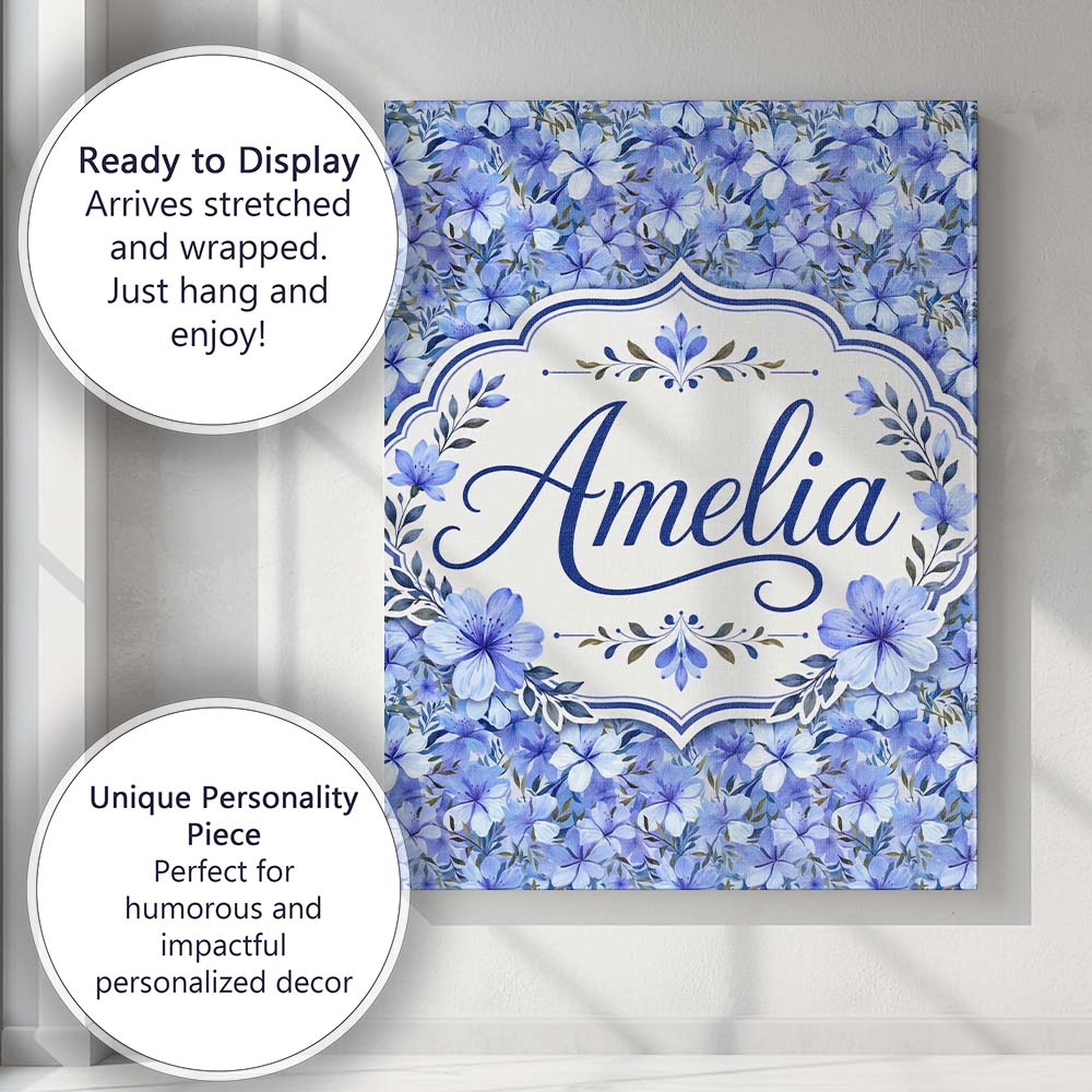 Personalised Name Blue Floral Blossom Custom Modern Room Accent Creative Decorator Style Canvas Wall Art Print Decor Picture Ready to Hang