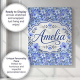Personalised Name Blue Floral Blossom Custom Modern Room Accent Creative Decorator Style Canvas Wall Art Print Decor Picture Ready to Hang