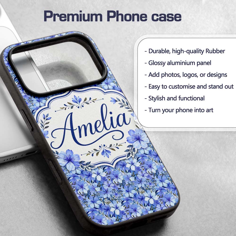 Blue Floral Blossom Botanical Garden Seamless Custom Name Protective Phone Case Mobile Cover Durable Everyday Smartphone Shock Resistant