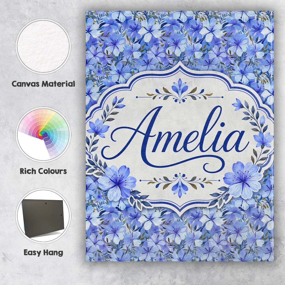 Personalised Name Blue Floral Blossom Custom Modern Room Accent Creative Decorator Style Canvas Wall Art Print Decor Picture Ready to Hang
