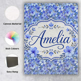 Personalised Name Blue Floral Blossom Custom Modern Room Accent Creative Decorator Style Canvas Wall Art Print Decor Picture Ready to Hang