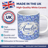 Personalized Custom Name Blue Floral Blossom Botanical Garden Seamless Pattern Name Cute 11oz Ceramic Coffee Tea Mug White Large Handle