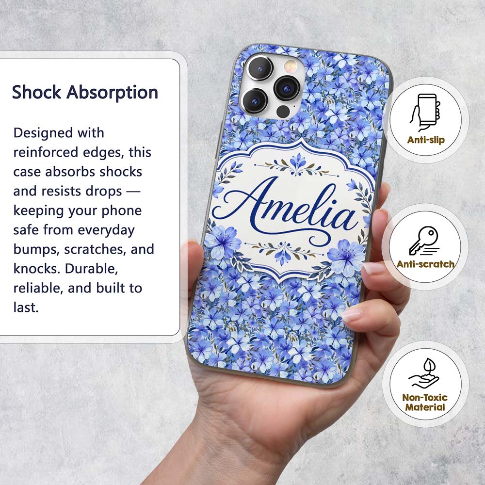 Blue Floral Blossom Botanical Garden Seamless Custom Name Protective Phone Case Mobile Cover Durable Everyday Smartphone Shock Resistant