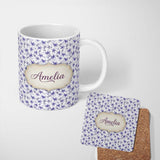 Personalized Custom Name Purple Ditsy Floral Leaf Soft Pastel Seamless Pattern Name Cute 11oz Ceramic Coffee Tea Mug White Large Handle