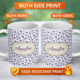 Personalized Custom Name Purple Ditsy Floral Leaf Soft Pastel Seamless Pattern Name Cute 11oz Ceramic Coffee Tea Mug White Large Handle