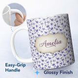 Personalized Custom Name Purple Ditsy Floral Leaf Soft Pastel Seamless Pattern Name Cute 11oz Ceramic Coffee Tea Mug White Large Handle