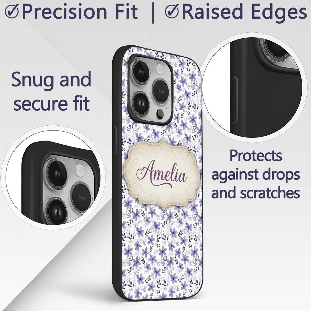 Purple Ditsy Floral Leaf Soft Pastel Seamless Custom Name Protective Phone Case Mobile Cover Durable Everyday Smartphone Shock Resistant