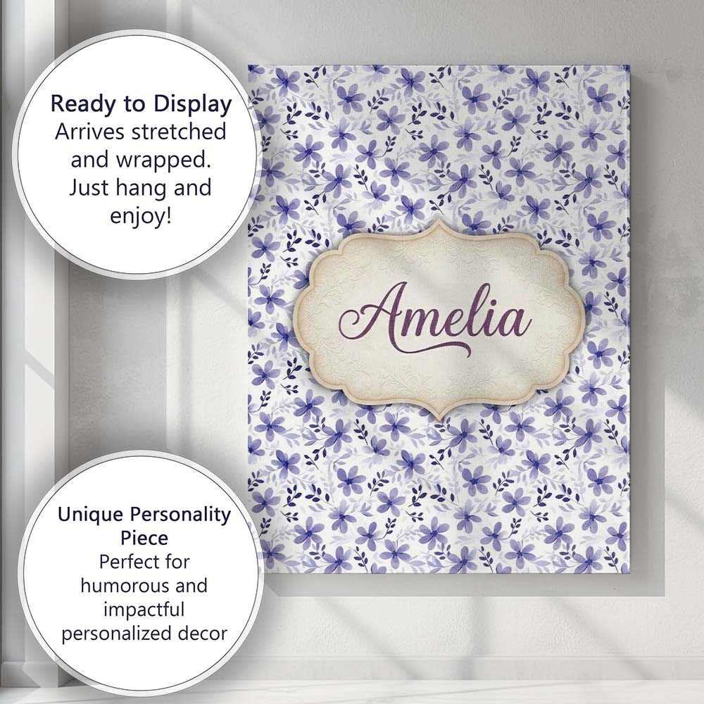 Personalised Name Purple Ditsy Floral Leaf Custom  Unique Gift Idea Elegant Feature Canvas Wall Art Print Decor Picture Ready to Hang