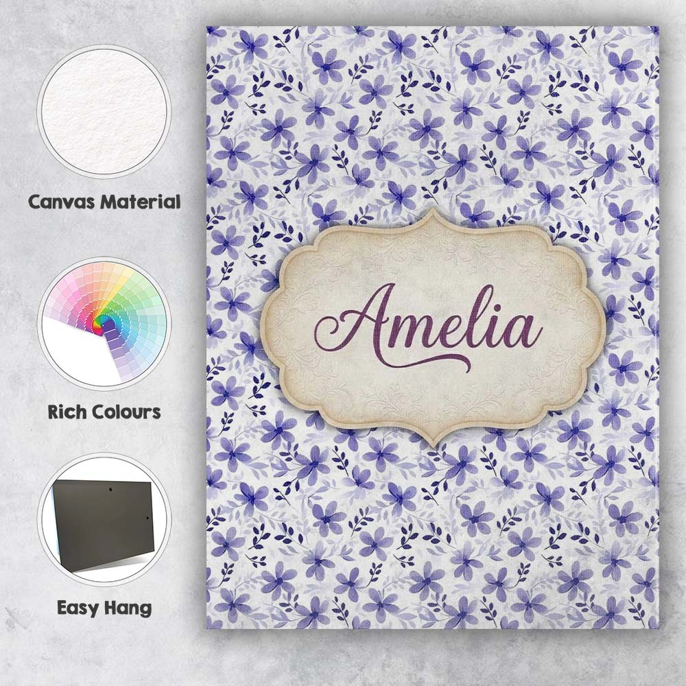Personalised Name Purple Ditsy Floral Leaf Custom  Unique Gift Idea Elegant Feature Canvas Wall Art Print Decor Picture Ready to Hang