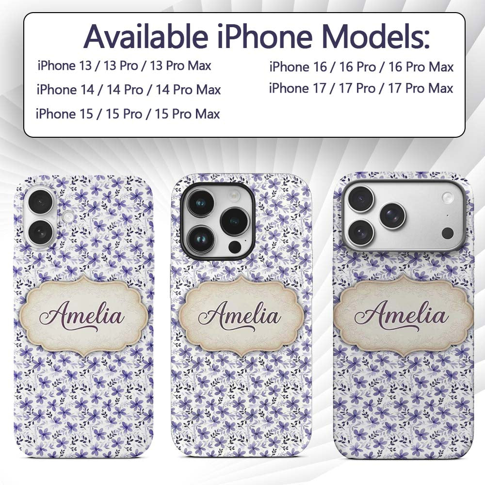 Purple Ditsy Floral Leaf Soft Pastel Seamless Custom Name Protective Phone Case Mobile Cover Durable Everyday Smartphone Shock Resistant
