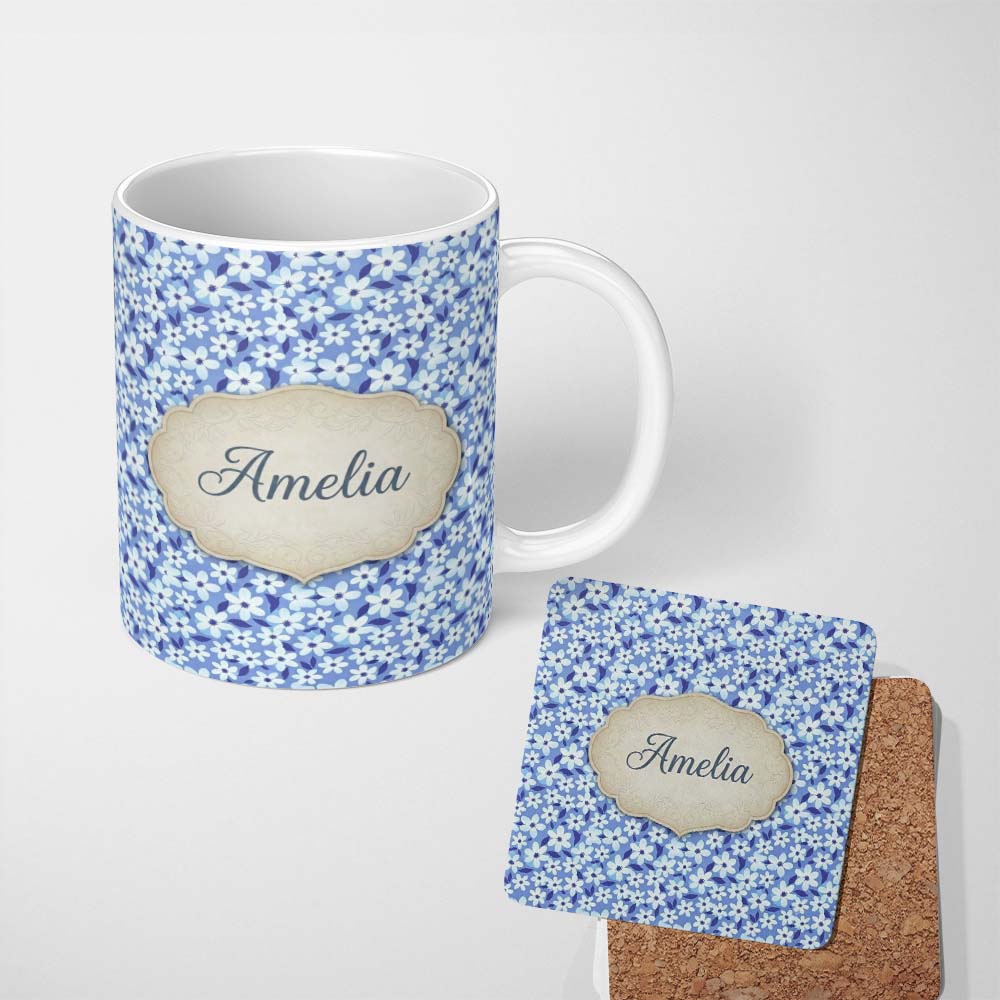 Personalized Custom Name Blue White Daisy Floral Seamless Pattern Soft Botanical Background 11oz Ceramic Coffee Tea Mug White Large Handle