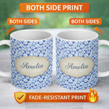 Personalized Custom Name Blue White Daisy Floral Seamless Pattern Soft Botanical Background 11oz Ceramic Coffee Tea Mug White Large Handle