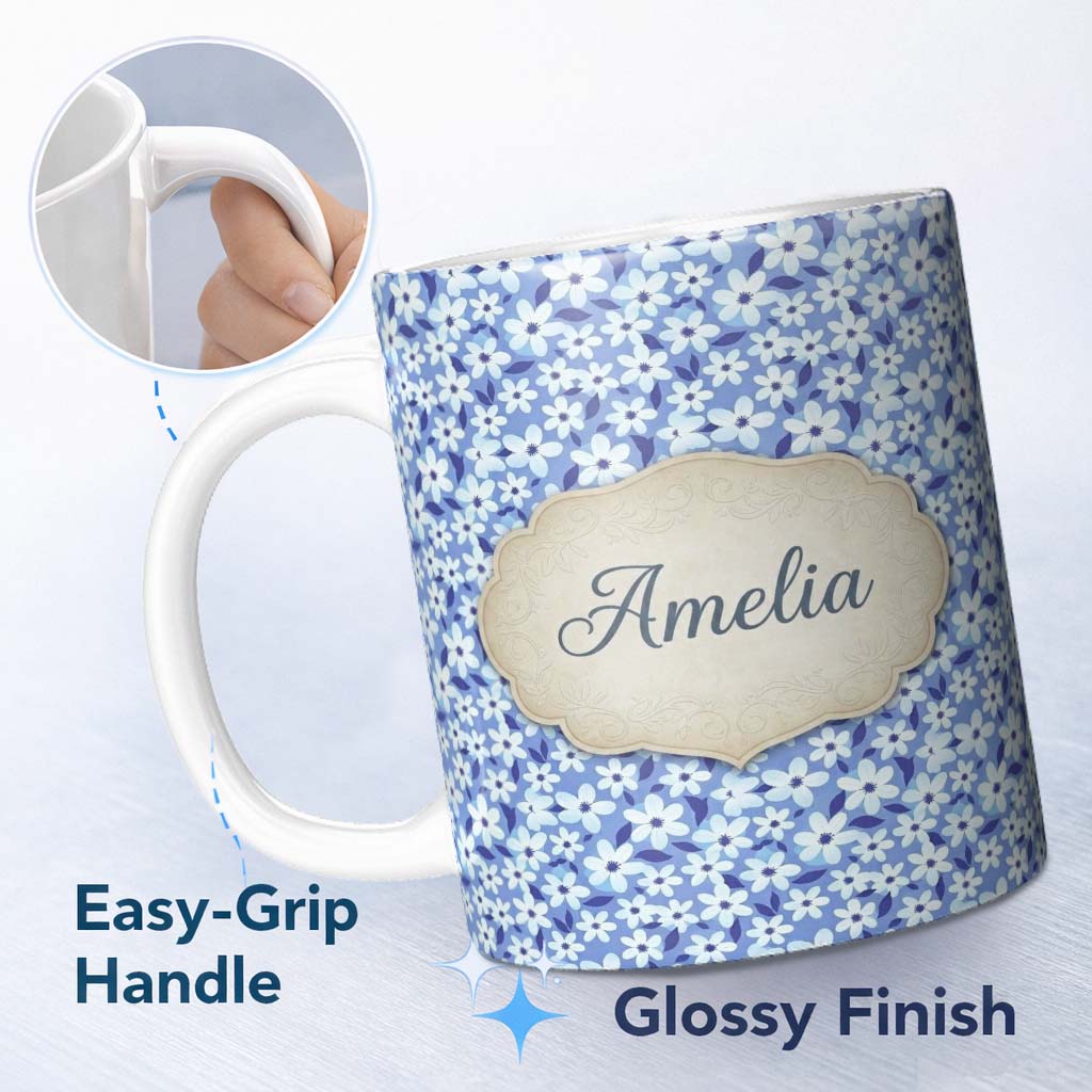 Personalized Custom Name Blue White Daisy Floral Seamless Pattern Soft Botanical Background 11oz Ceramic Coffee Tea Mug White Large Handle