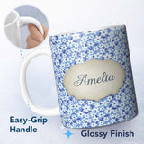 Personalized Custom Name Blue White Daisy Floral Seamless Pattern Soft Botanical Background 11oz Ceramic Coffee Tea Mug White Large Handle