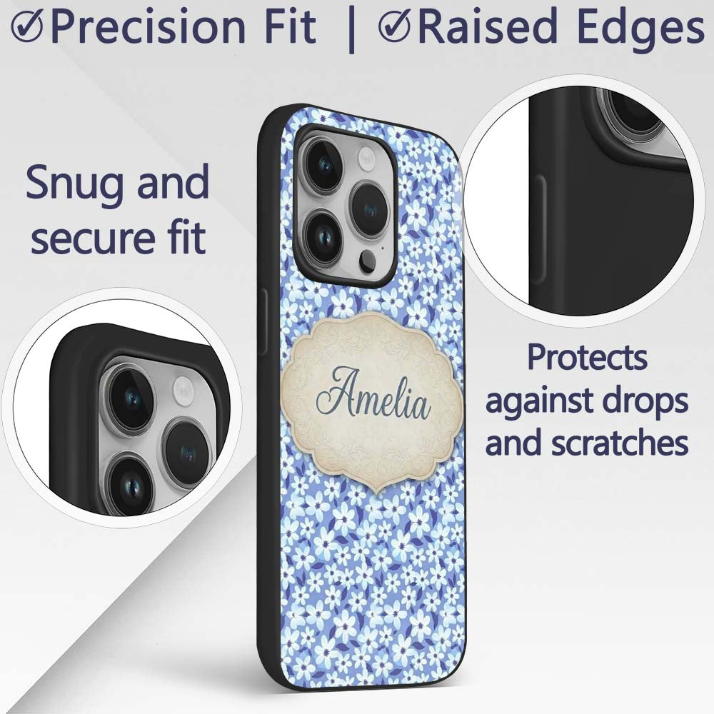 Blue White Daisy Floral Seamless Pattern Soft Custom Name Protective Phone Case Mobile Cover Durable Everyday Smartphone Shock Resistant