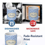 Personalized Custom Name Blue White Daisy Floral Seamless Pattern Soft Botanical Background 11oz Ceramic Coffee Tea Mug White Large Handle