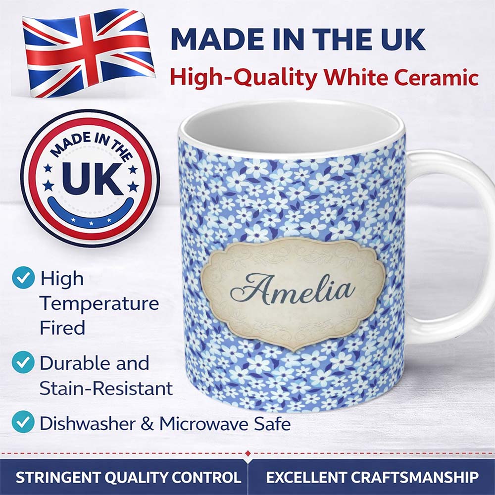 Personalized Custom Name Blue White Daisy Floral Seamless Pattern Soft Botanical Background 11oz Ceramic Coffee Tea Mug White Large Handle