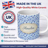 Personalized Custom Name Blue White Daisy Floral Seamless Pattern Soft Botanical Background 11oz Ceramic Coffee Tea Mug White Large Handle