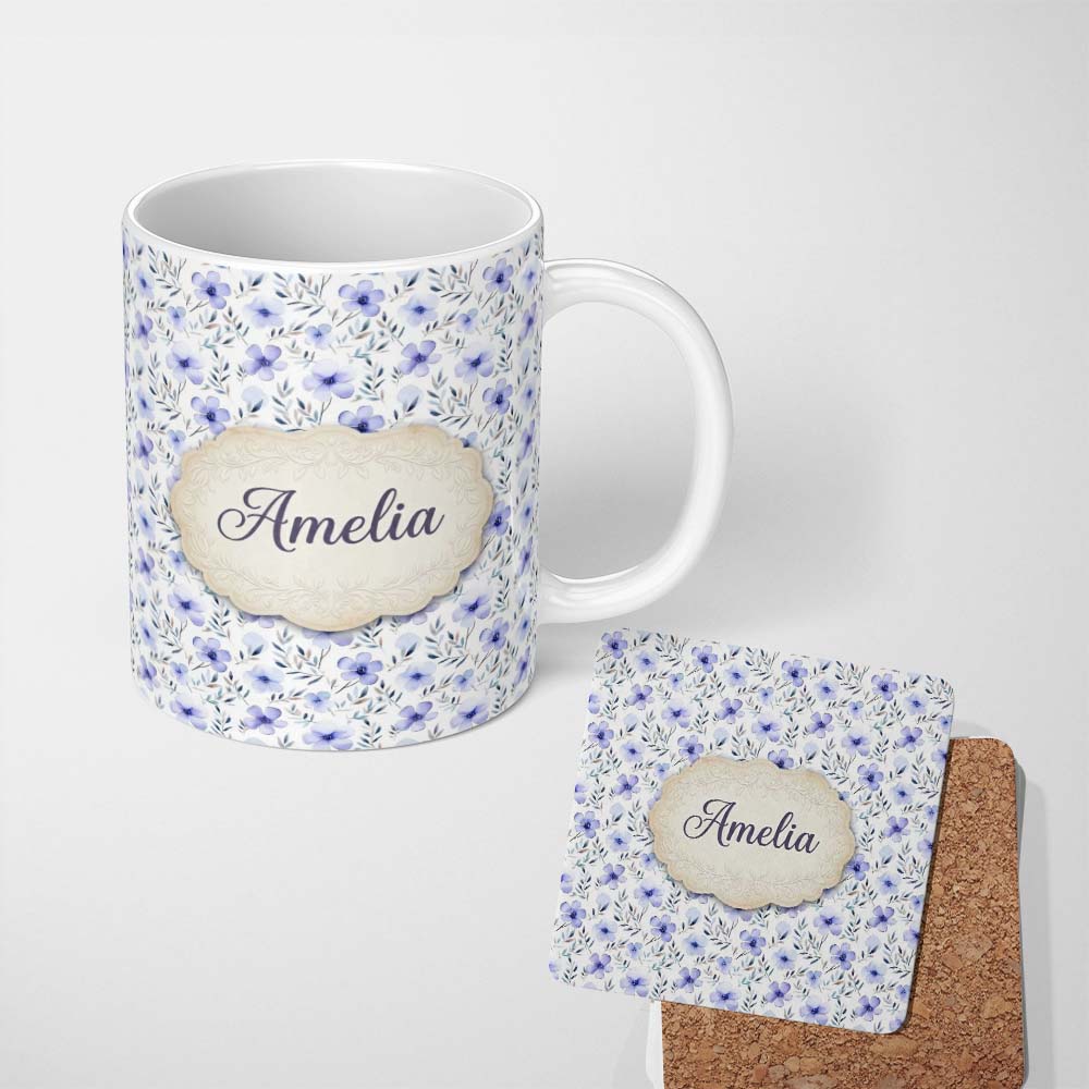 Personalized Custom Name Delicate Blue Watercolor Flowers and Leaves Seamless Pattern 11oz Ceramic Coffee Tea Mug White Large Handle
