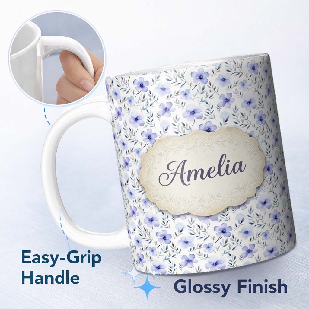 Personalized Custom Name Delicate Blue Watercolor Flowers and Leaves Seamless Pattern 11oz Ceramic Coffee Tea Mug White Large Handle