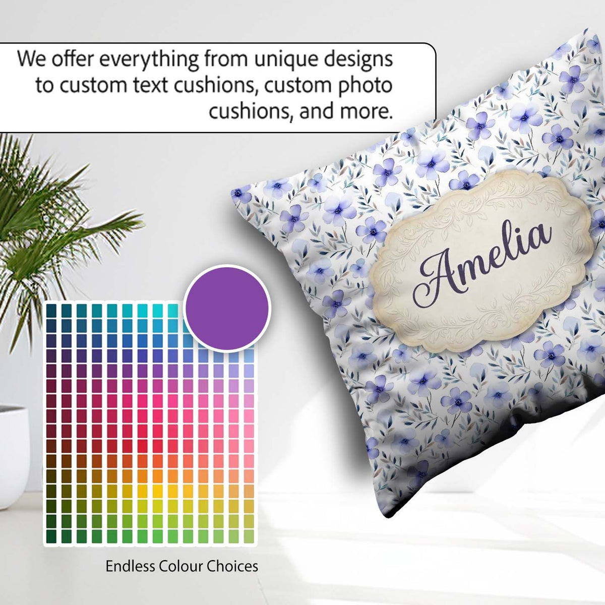 Custom Name Delicate Blue Watercolor Flowers and Leaves Seamless Square Filled Cushion Throw Pillow Sofa Bed Home Decor Zip Washable UK Made