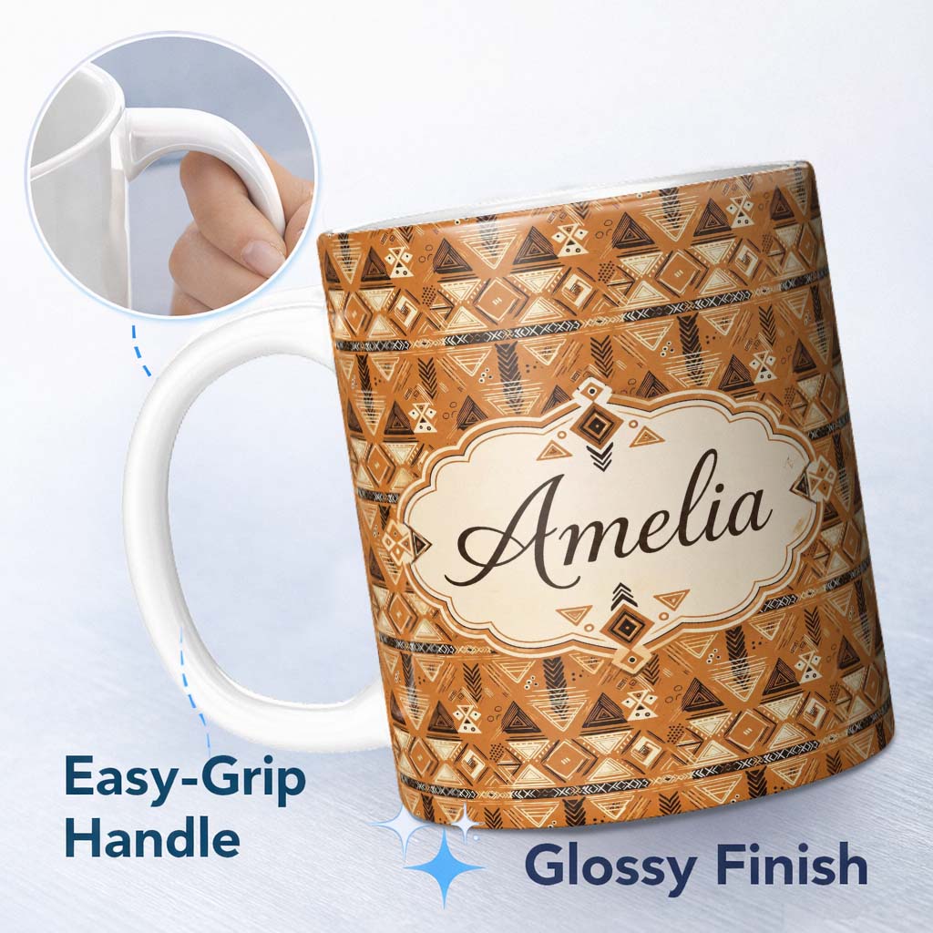 Personalized Custom Name Tribal Geometric Earth Tone Seamless Pattern Abstract Ethnic Design 11oz Ceramic Coffee Tea Mug White Large Handle
