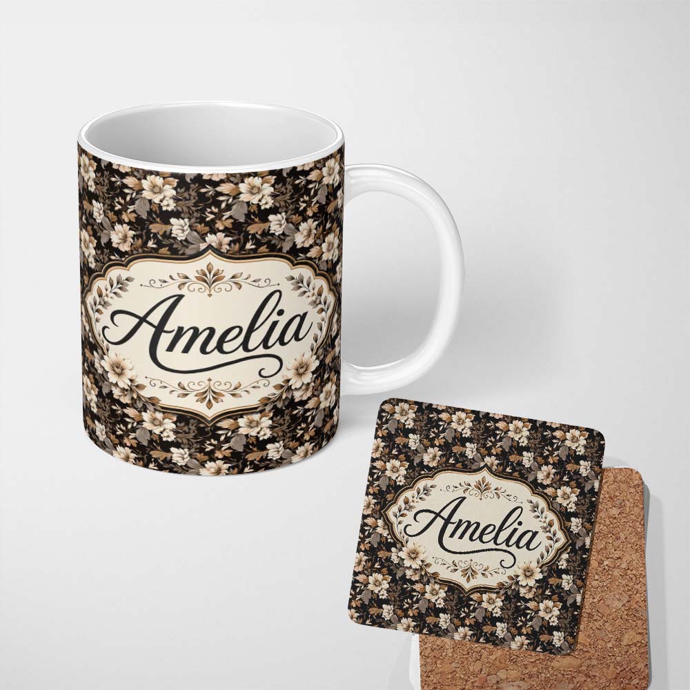 Personalized Custom Name Vintage Beige Floral on Black Seamless Pattern Classic Botanical 11oz Ceramic Coffee Tea Mug White Large Handle