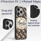 Vintage Beige Floral on Black Seamless Pattern Custom Name Protective Phone Case Mobile Cover Durable Everyday Smartphone Shock Resistant