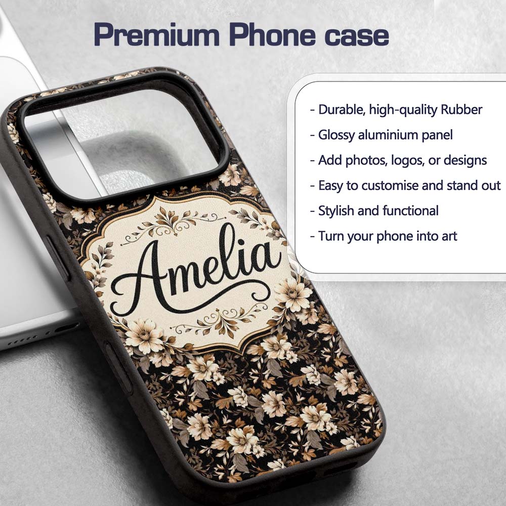 Vintage Beige Floral on Black Seamless Pattern Custom Name Protective Phone Case Mobile Cover Durable Everyday Smartphone Shock Resistant