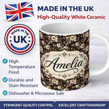 Personalized Custom Name Vintage Beige Floral on Black Seamless Pattern Classic Botanical 11oz Ceramic Coffee Tea Mug White Large Handle