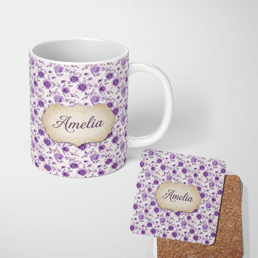 Personalized Custom Name Purple Floral Garden Seamless Pattern Soft Elegant Botanical Style 11oz Ceramic Coffee Tea Mug White Large Handle