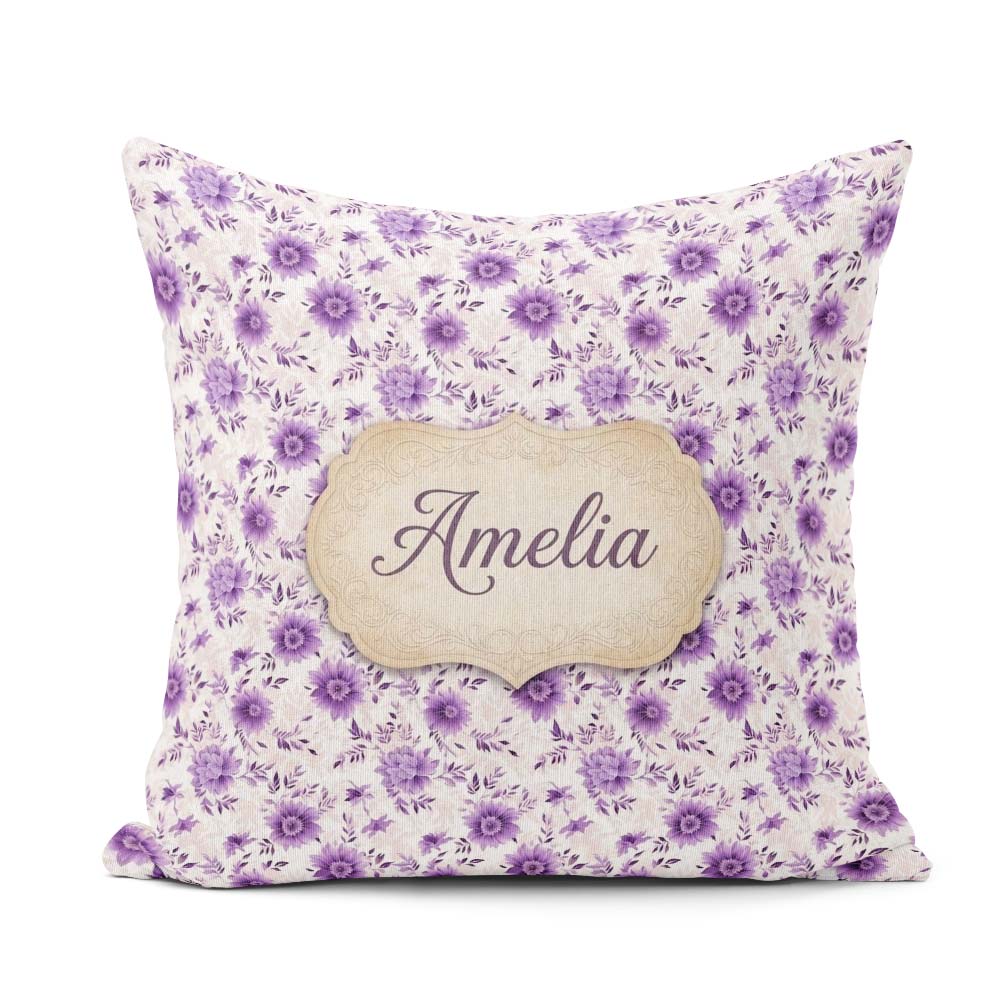 Custom Name Purple Floral Garden Seamless Pattern Soft Botanical Square Filled Cushion Throw Pillow Sofa Bed Home Decor Zip Washable UK Made