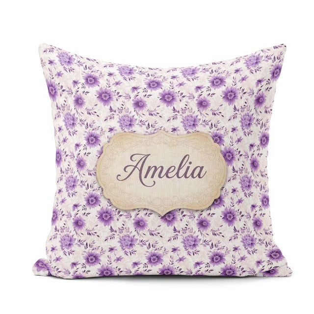 Custom Name Purple Floral Garden Seamless Pattern Soft Botanical Square Filled Cushion Throw Pillow Sofa Bed Home Decor Zip Washable UK Made
