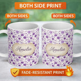 Personalized Custom Name Purple Floral Garden Seamless Pattern Soft Elegant Botanical Style 11oz Ceramic Coffee Tea Mug White Large Handle